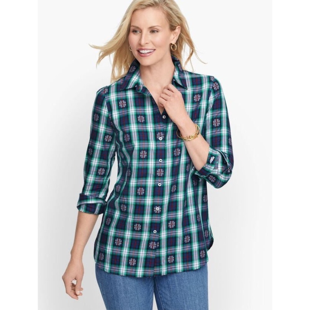 Talbots Womens XL Green Navy Plaid Snowflake Embroidered Button Down Shirt